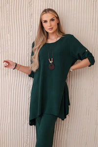 Set of blouse + pants with pendant 1025A / – Green || Dark цвет / color | Lexline Fashion