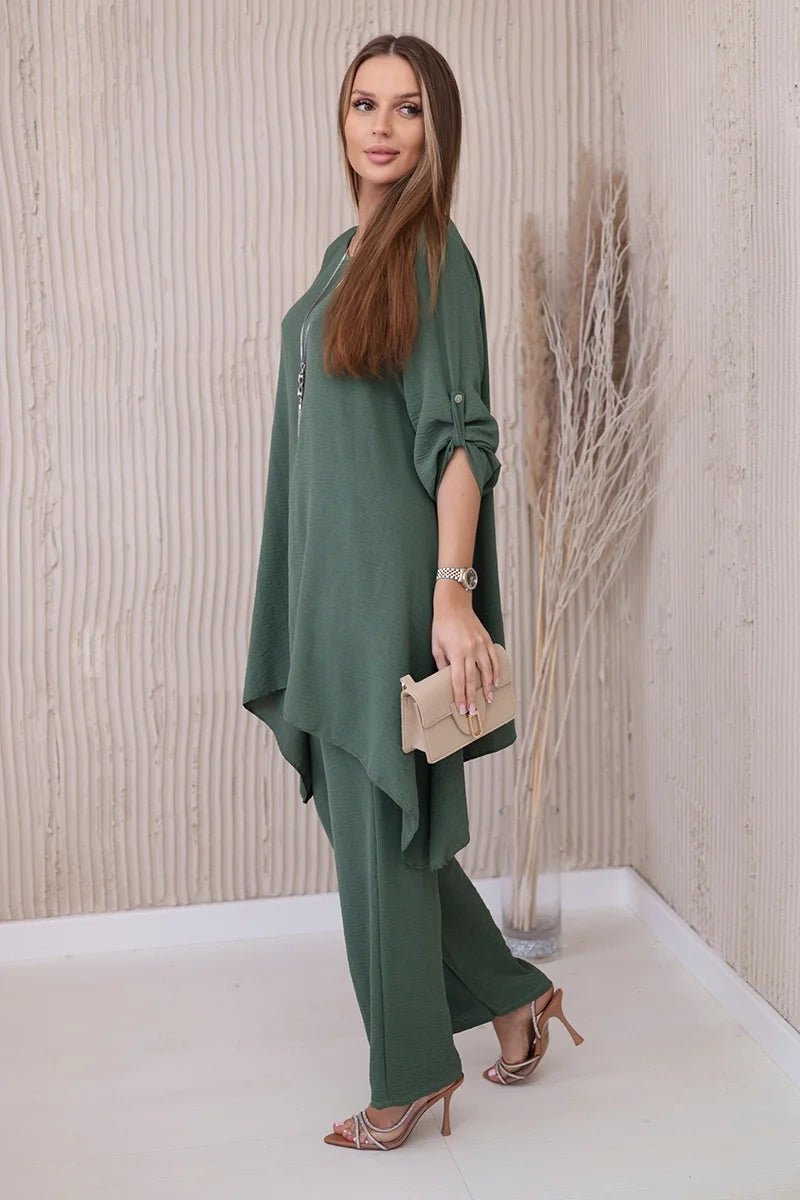 Set of blouse + pants with pendant 1025A / – Khaki || Dark цвет / color | Lexline Fashion