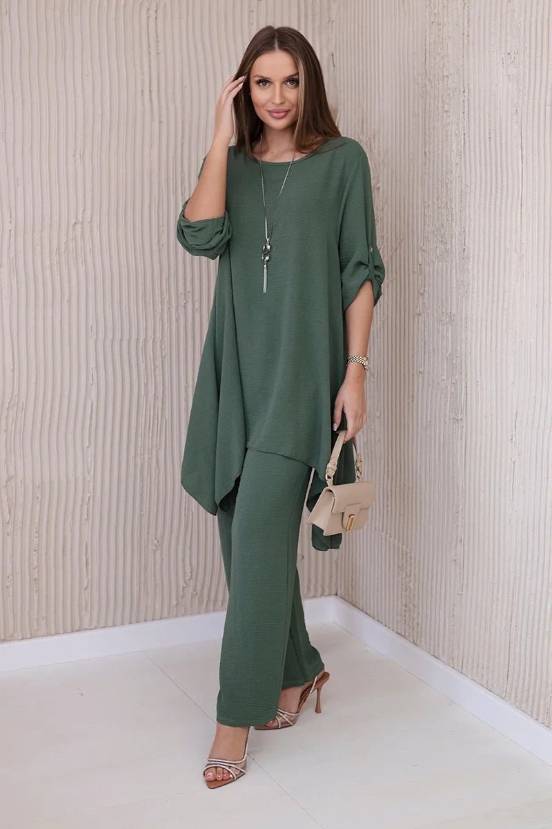 Set of blouse + pants with pendant 1025A / – Khaki || Dark цвет / color | Lexline Fashion
