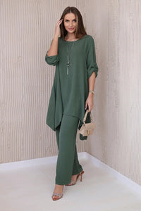 Set of blouse + pants with pendant 1025A / – Khaki || Dark цвет / color | Lexline Fashion