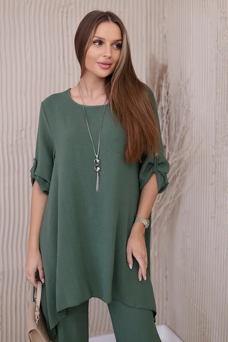 Set of blouse + pants with pendant 1025A / – Khaki || Dark цвет / color | Lexline Fashion