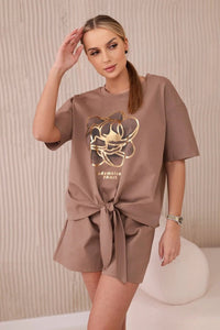 Set of blouse + shorts with a print 6919D / – Camel цвет / color | Lexline Fashion