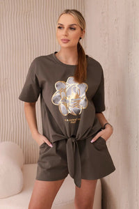 Set of blouse + shorts with a print 6919D / – Khaki цвет / color | Lexline Fashion