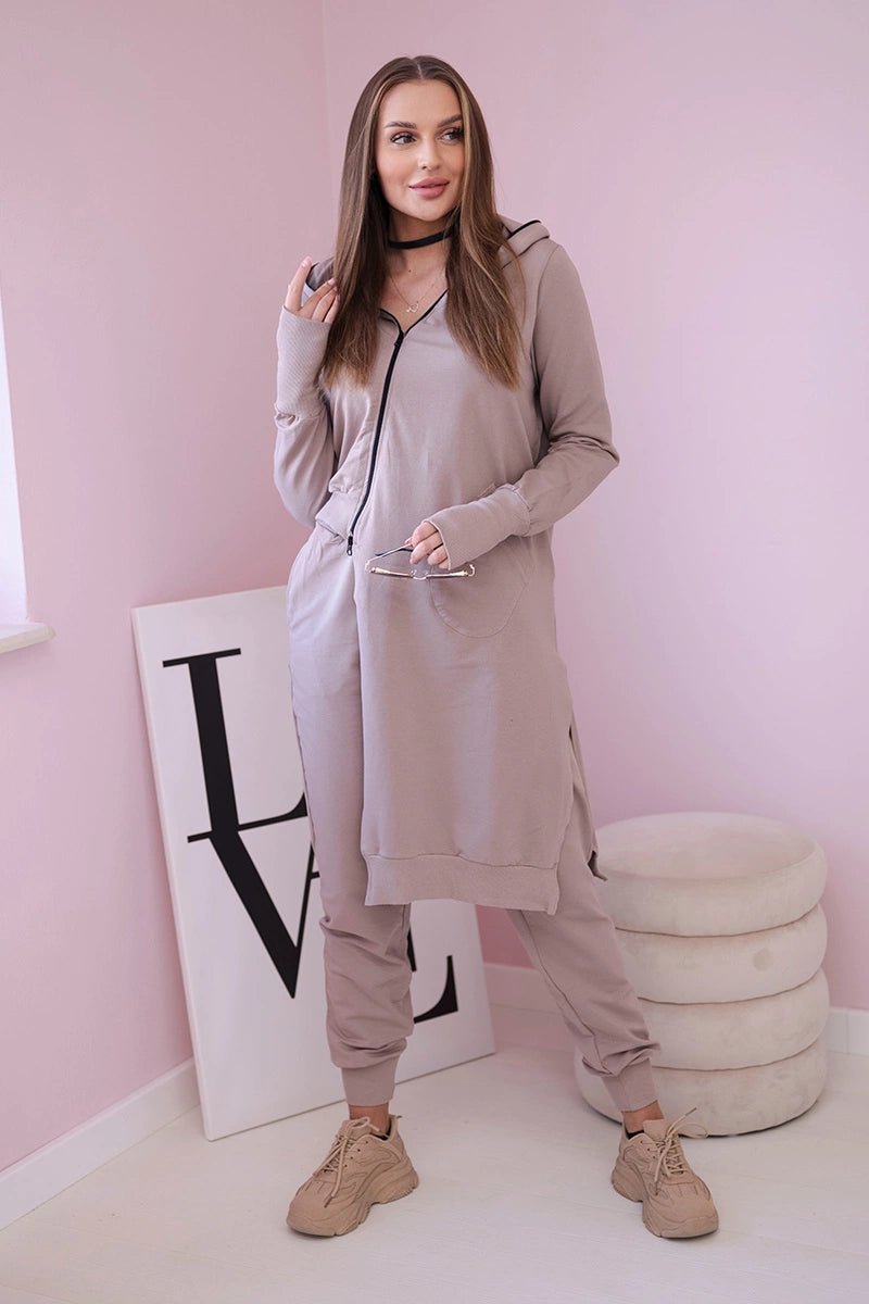 Set with a sweatshirt with a longer side 9365 / – Dark || beige цвет / color | Lexline Fashion