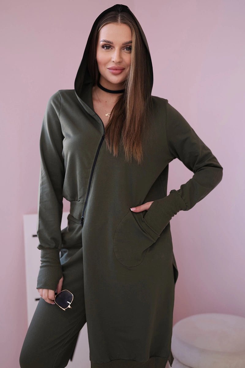 Set with a sweatshirt with a longer side 9365 / – Khaki цвет / color | Lexline Fashion