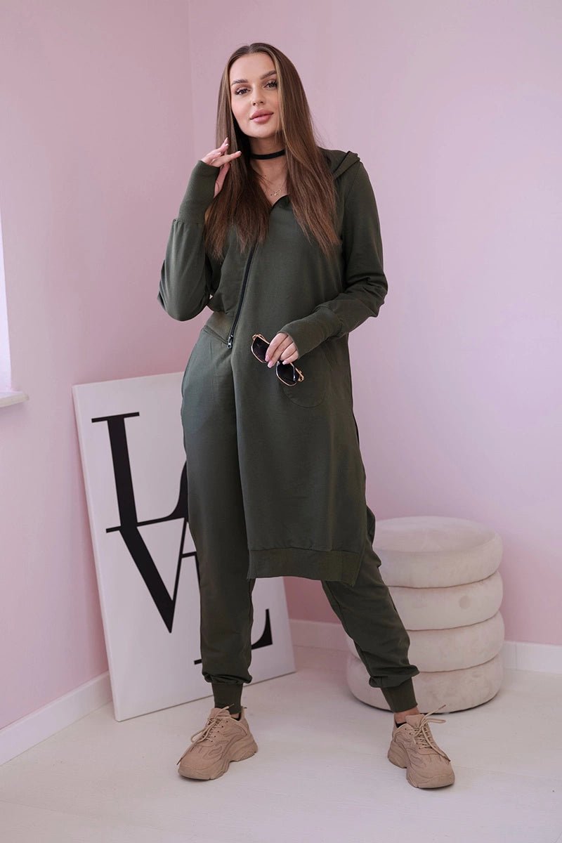 Set with a sweatshirt with a longer side 9365 / – Khaki цвет / color | Lexline Fashion