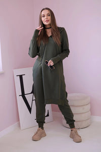 Set with a sweatshirt with a longer side 9365 / – Khaki цвет / color | Lexline Fashion
