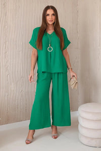 Set with necklace blouse + pants 6433 / – Green цвет / color | Lexline Fashion