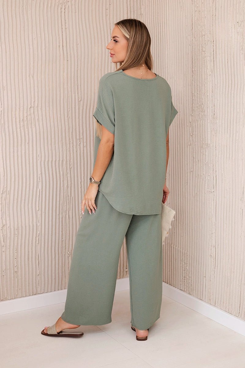 Set with necklace blouse + pants 6433 / – Khaki || Light цвет / color | Lexline Fashion