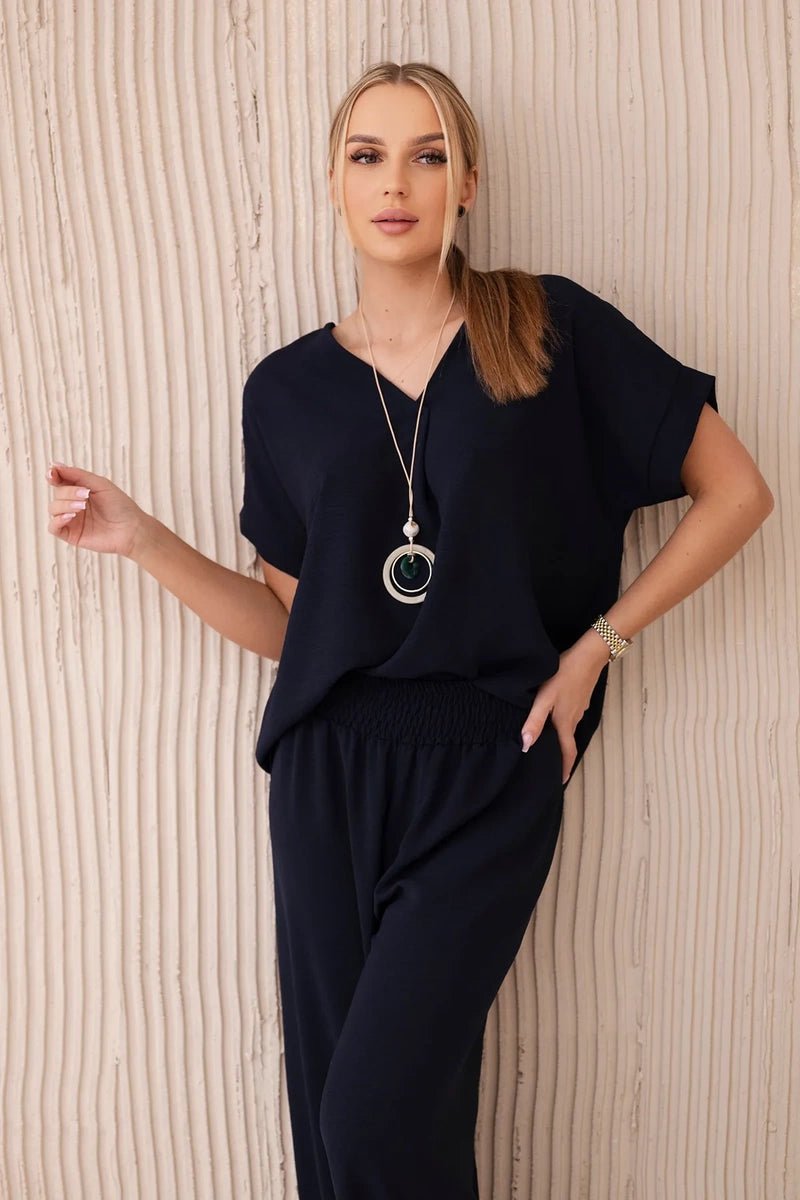 Set with necklace blouse + pants 6433 / – Navy blue цвет / color | Lexline Fashion