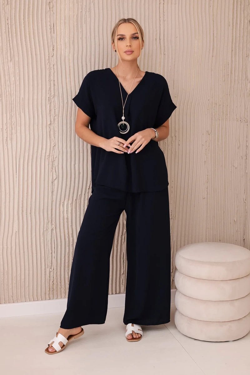 Set with necklace blouse + pants 6433 / – Navy blue цвет / color | Lexline Fashion