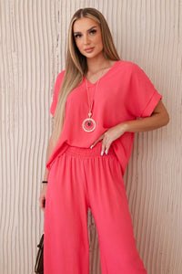 Set with necklace blouse + pants 6433 / – Neon pink цвет / color | Lexline Fashion