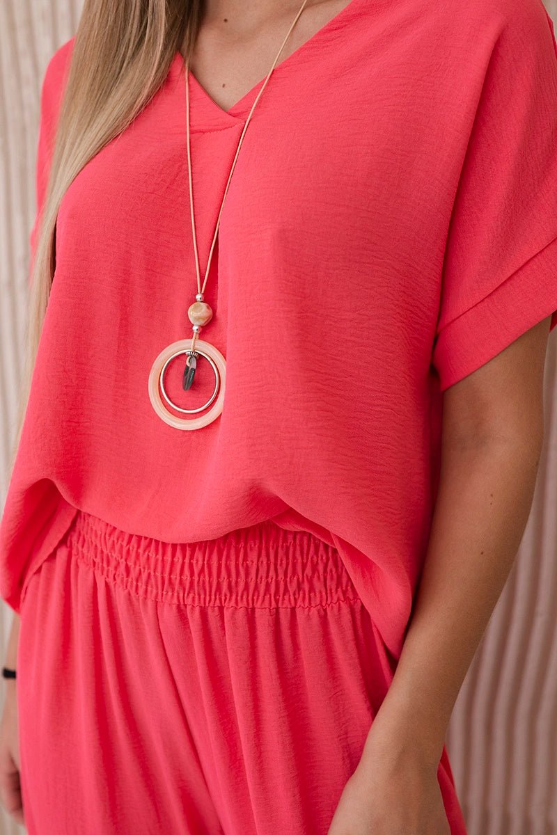 Set with necklace blouse + pants 6433 / – Neon pink цвет / color | Lexline Fashion