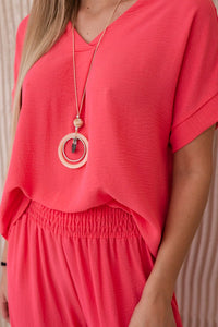 Set with necklace blouse + pants 6433 / – Neon pink цвет / color | Lexline Fashion