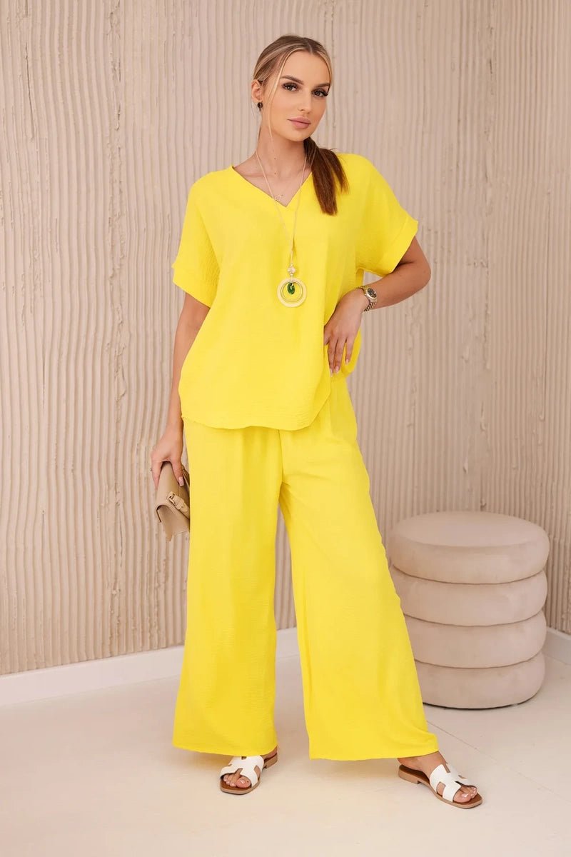 Set with necklace blouse + pants 6433 / – Yellow цвет / color | Lexline Fashion