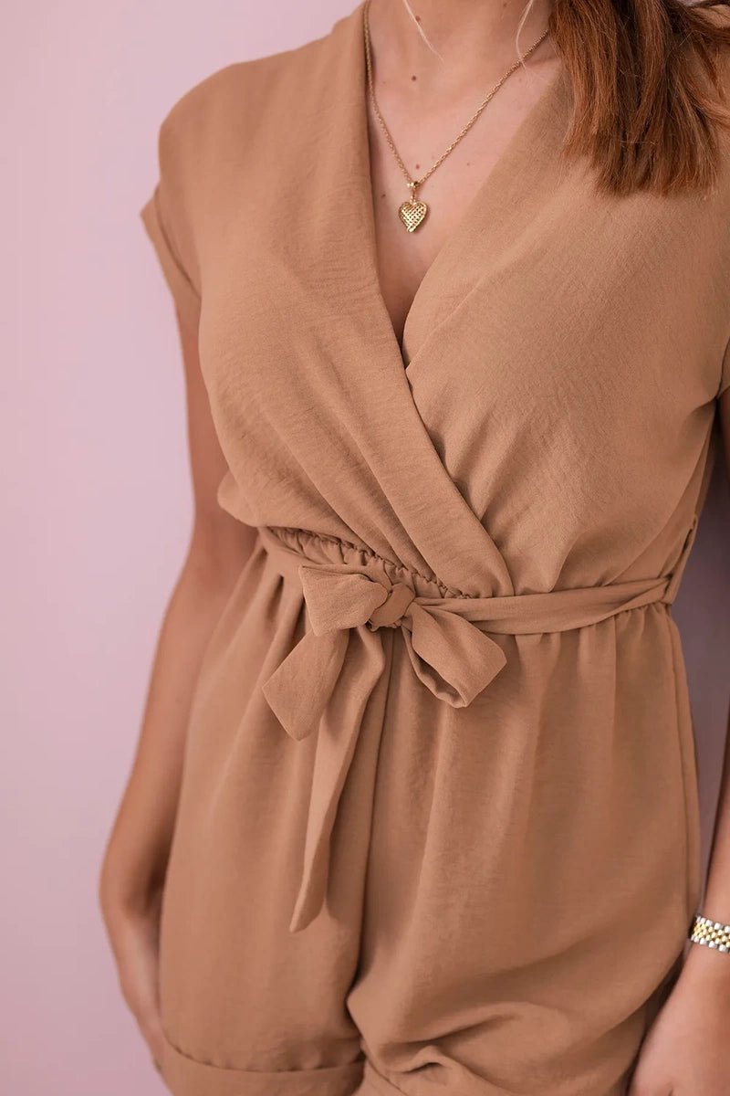 Short jumpsuit tied at the waist 6494T / – Camel цвет / color | Lexline Fashion