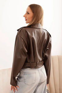 Short women's jacket made of eco - leather with a belt and collar ART4584 / – Beige цвет / color | Lexline Fashion