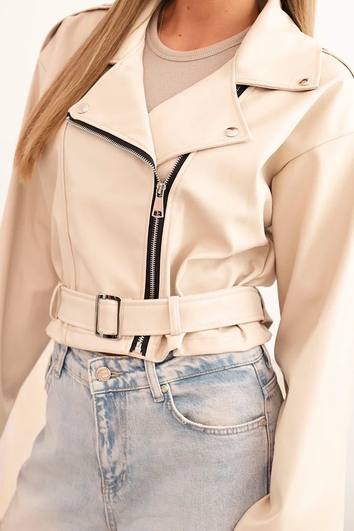 Short women's jacket made of eco - leather with a belt and collar ART4584 / – Beige цвет / color | Lexline Fashion