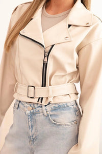 Short women's jacket made of eco - leather with a belt and collar ART4584 / – Beige цвет / color | Lexline Fashion