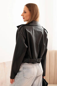 Short women's jacket made of eco - leather with a belt and collar ART4584 / – Beige цвет / color | Lexline Fashion
