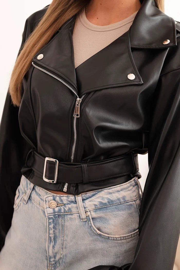 Short women's jacket made of eco - leather with a belt and collar ART4584 / – Beige цвет / color | Lexline Fashion