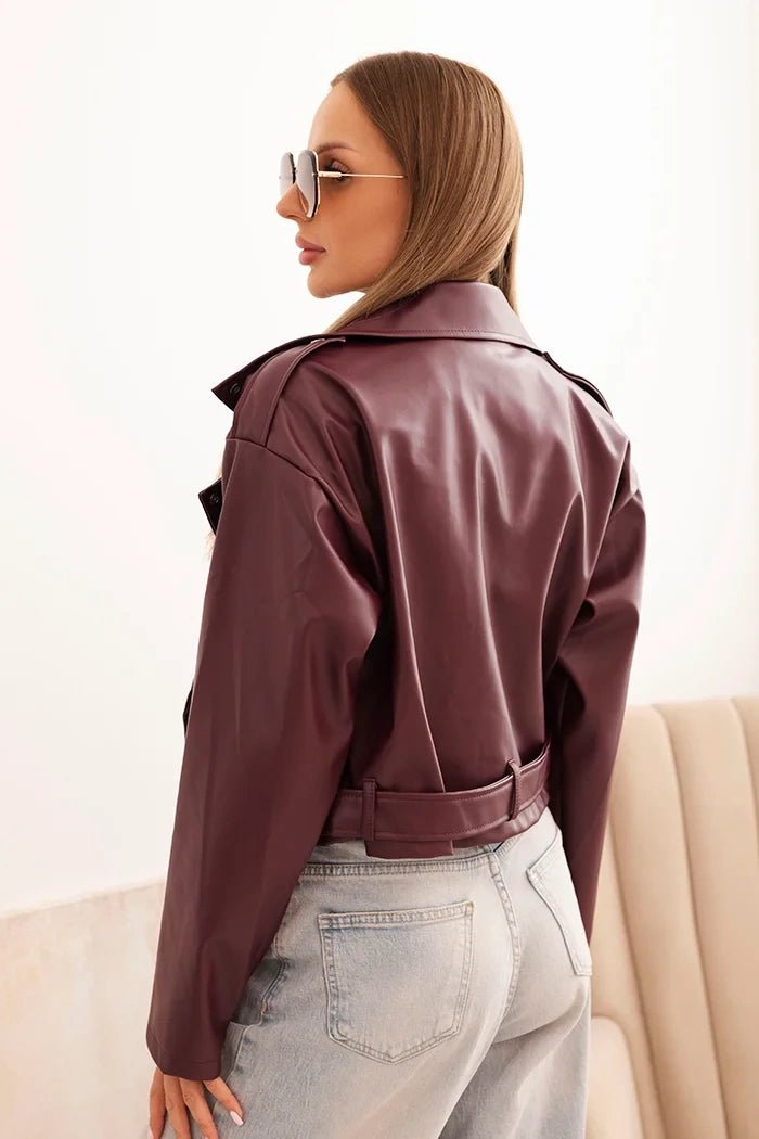 Short women's jacket made of eco - leather with a belt and collar ART4584 / – Beige цвет / color | Lexline Fashion