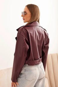 Short women's jacket made of eco - leather with a belt and collar ART4584 / – Beige цвет / color | Lexline Fashion