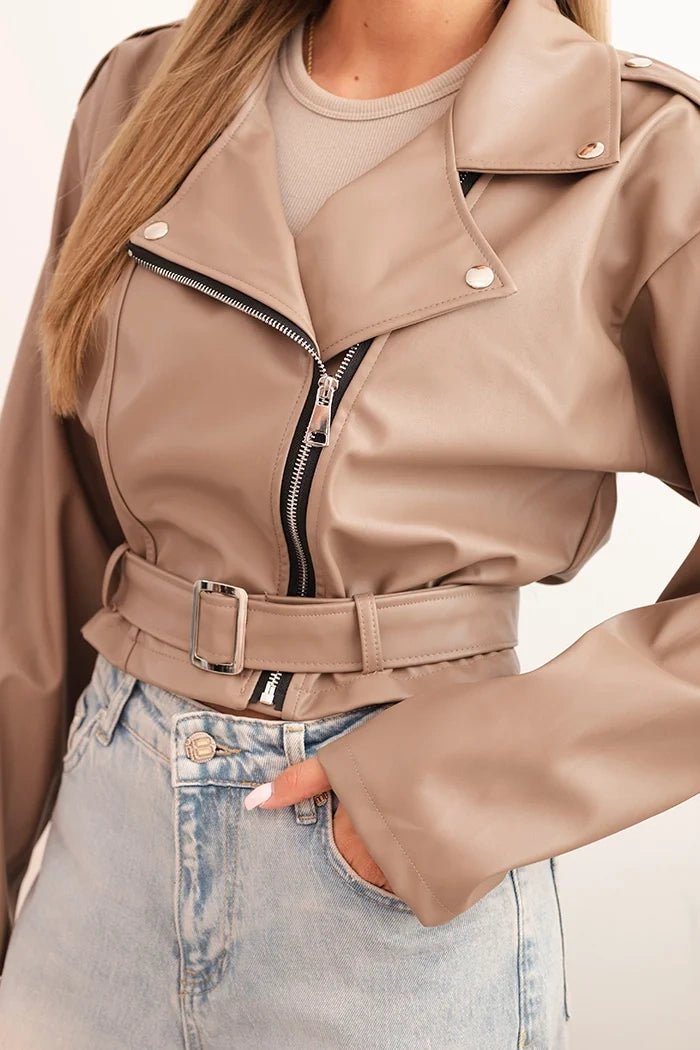 Short women's jacket made of eco - leather with a belt and collar ART4584 / – Beige цвет / color | Lexline Fashion