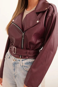 Short women's jacket made of eco - leather with a belt and collar ART4584 / – Beige цвет / color | Lexline Fashion