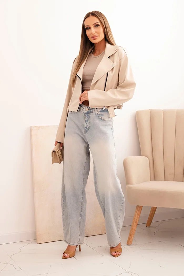 Short women's jacket made of eco - leather with a belt and collar ART4584 / – Beige цвет / color | Lexline Fashion