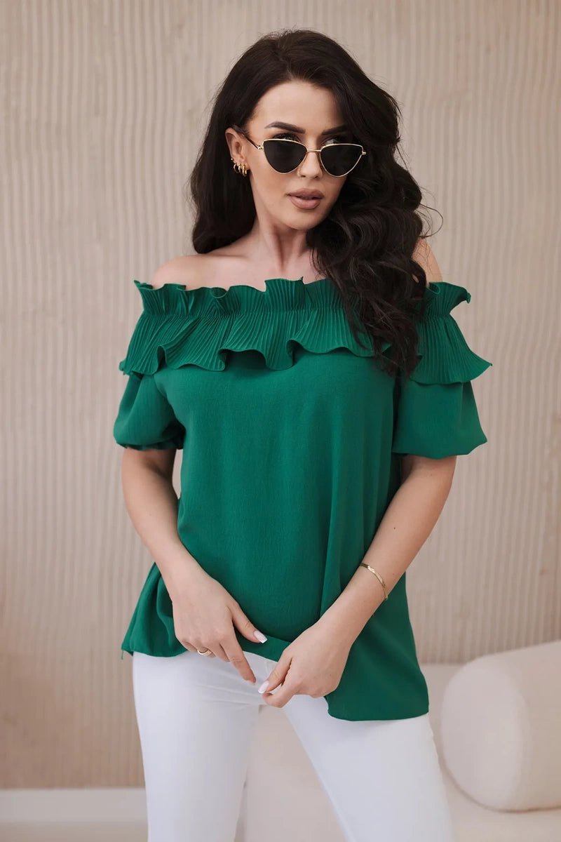 Spanish blouse with a decorative frill IT - 28 / – Green цвет / color | Lexline Fashion