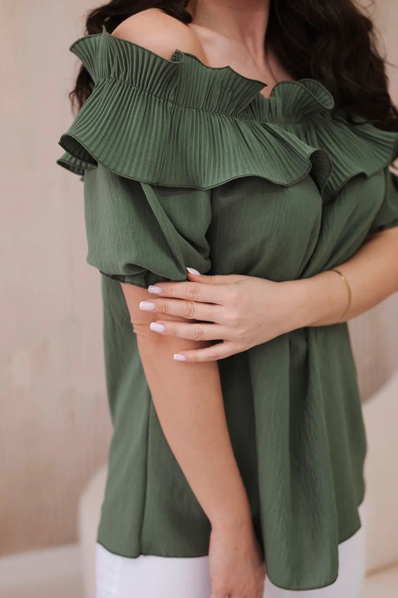 Spanish blouse with a decorative frill IT - 28 / – Khaki цвет / color | Lexline Fashion