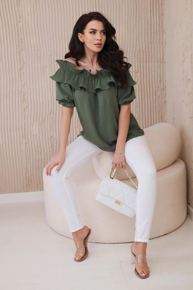 Spanish blouse with a decorative frill IT - 28 / – Khaki цвет / color | Lexline Fashion