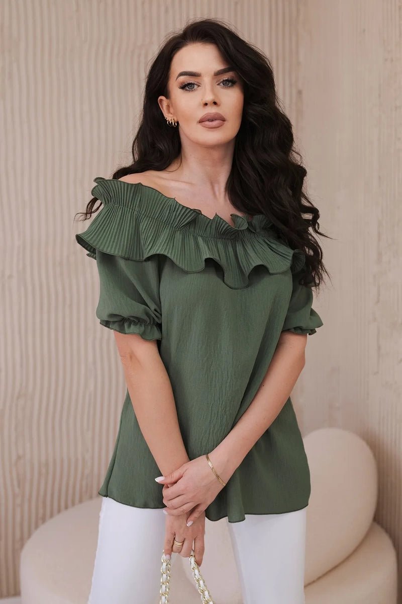 Spanish blouse with a decorative frill IT - 28 / – Khaki цвет / color | Lexline Fashion