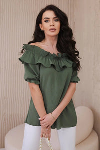 Spanish blouse with a decorative frill IT - 28 / – Khaki цвет / color | Lexline Fashion