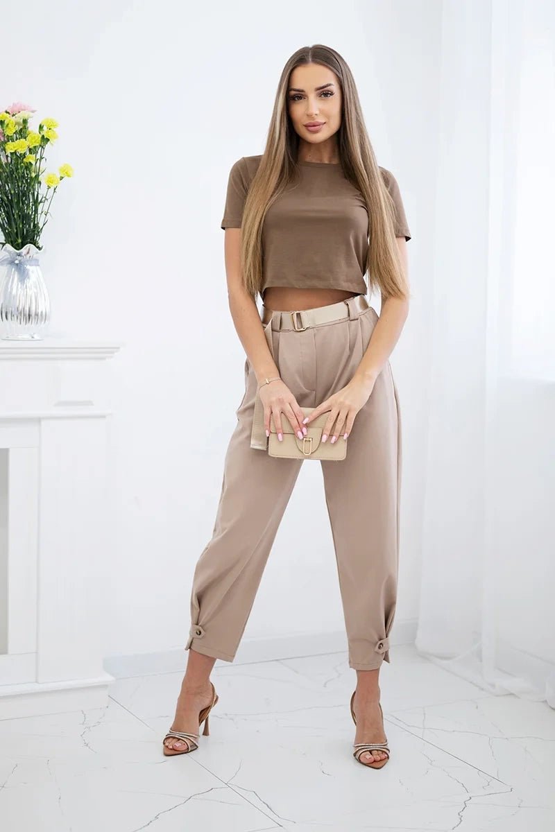Summer Punto trousers with leg closure 7048 - 1 / – Light || Camel цвет / color | Lexline Fashion
