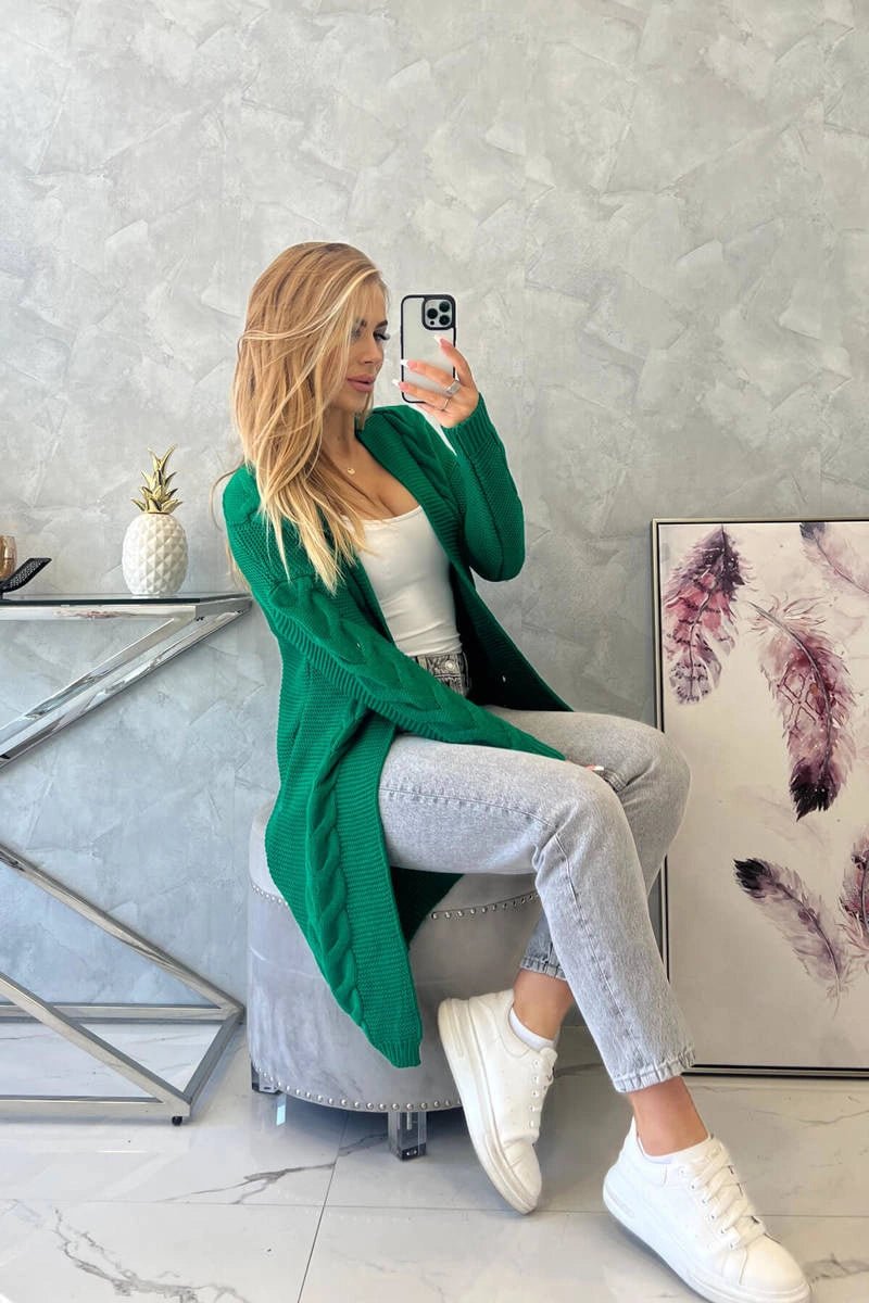 Sweater Cardigan with cable knit 2021 - 5 / – Green цвет / color | Lexline Fashion