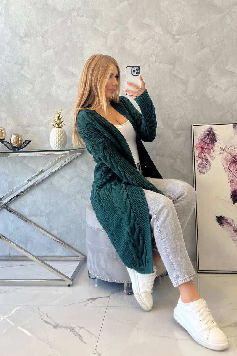 Sweater Cardigan with cable knit 2021 - 5 / – Green || Dark цвет / color | Lexline Fashion