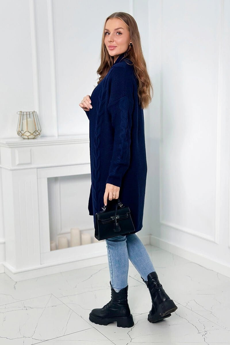Sweater Cardigan with cable knit 2021 - 5 / – Navy blue цвет / color | Lexline Fashion