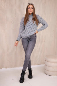 Sweater high neck with diamond pattern 2020 - 18 / – Gray цвет / color | Lexline Fashion