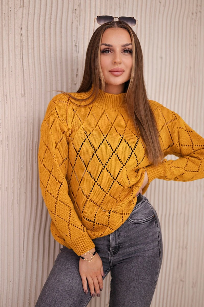Sweater high neck with diamond pattern 2020 - 18 / – Mustard цвет / color | Lexline Fashion