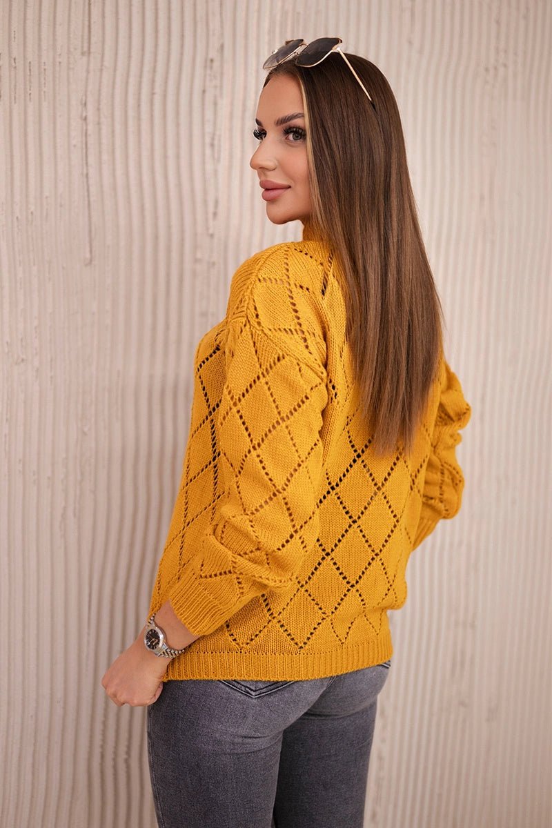 Sweater high neck with diamond pattern 2020 - 18 / – Mustard цвет / color | Lexline Fashion