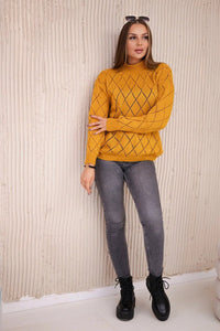 Sweater high neck with diamond pattern 2020 - 18 / – Mustard цвет / color | Lexline Fashion