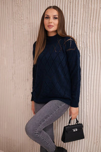 Sweater high neck with diamond pattern 2020 - 18 / – Navy blue цвет / color | Lexline Fashion