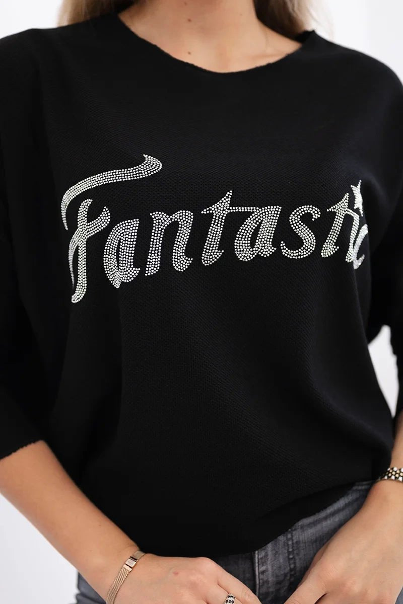 Sweater with the inscription Fantastic ART19792 / – Black цвет / color | Lexline Fashion