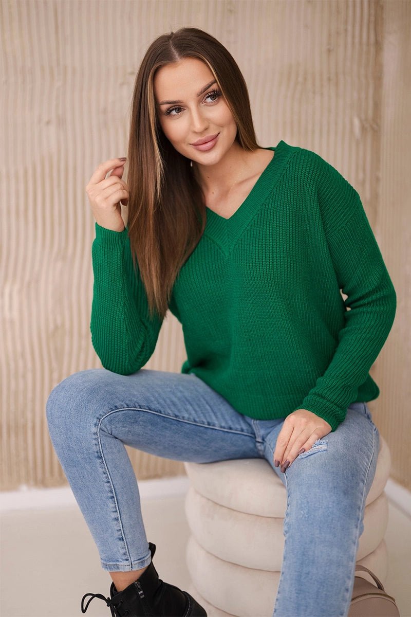 Sweater with V neckline 2019 - 11 / – Green цвет / color | Lexline Fashion