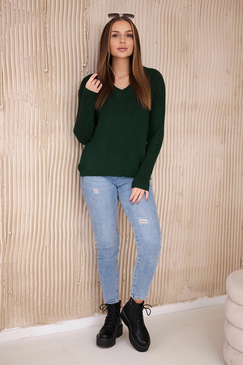 Sweater with V neckline 2019 - 11 / – Green || Dark цвет / color | Lexline Fashion
