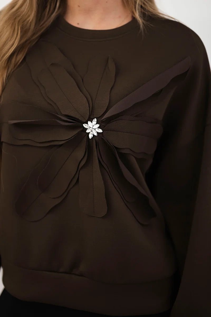 Sweatshirt with decorative flower ART92495 / – Brown цвет / color | Lexline Fashion