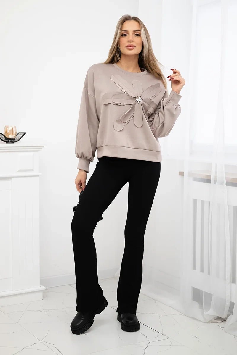 Sweatshirt with decorative flower ART92495 / – Dark || beige цвет / color | Lexline Fashion