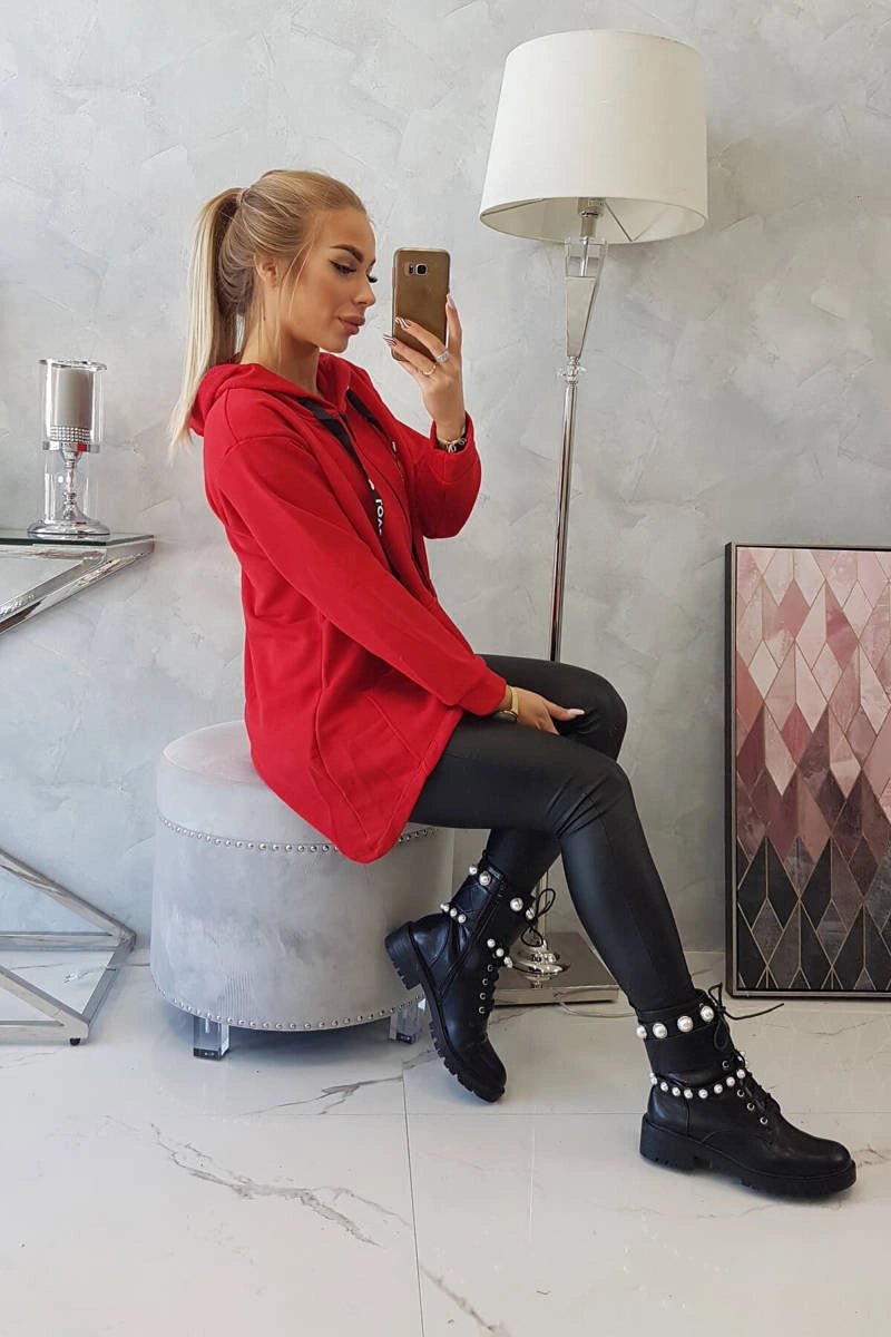Sweatshirt with longer back and hood 9108 / – Red цвет / color | Lexline Fashion